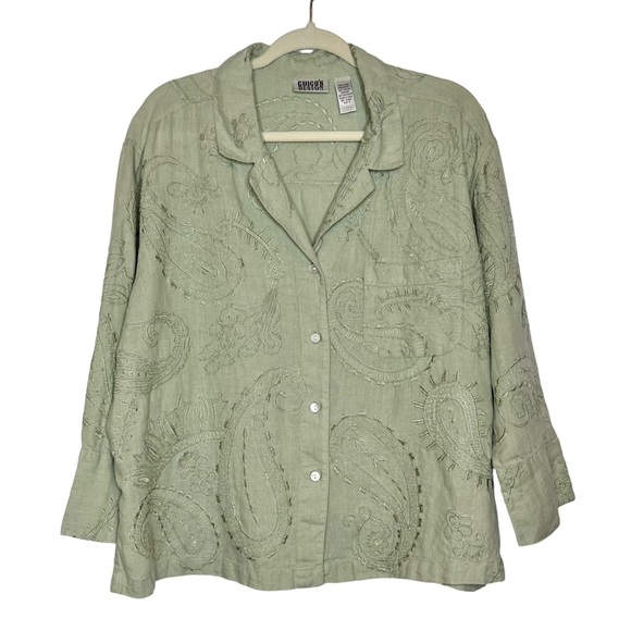 Vintage CHICO’S 100% Linen Embroidered Button Down Shirt Shacket. Size L - Picture 1 of 7